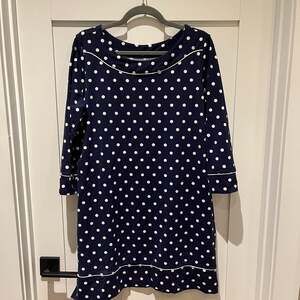 LANDS END Navy Blue Polka Dot Stretch Tunic Shift Dress Comfort Boat Neck Size L